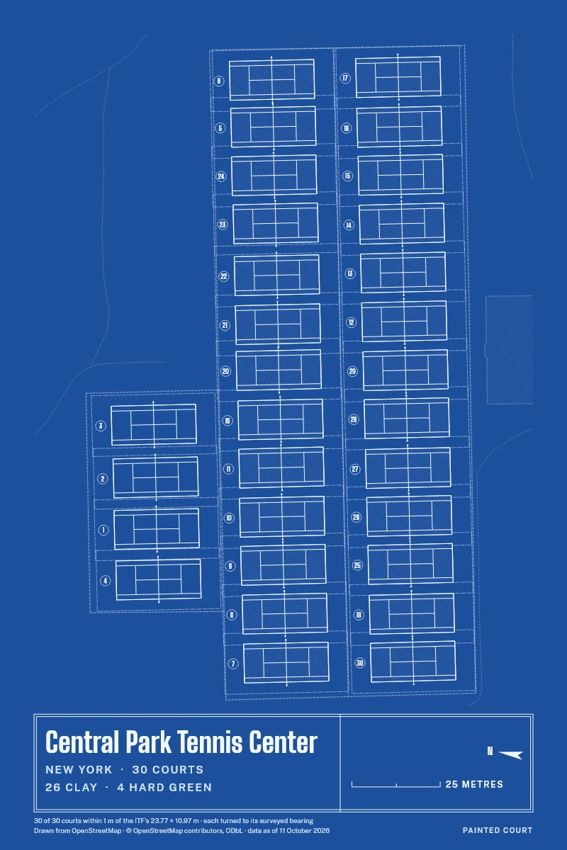Architect, Blueprint: Central Park Tennis Center inked in white on cobalt, the run-off round every court in chain line.